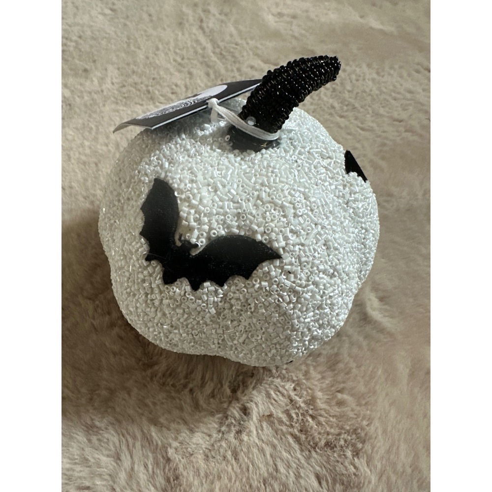 Beaded Halloween Pumpkin Decor White Black Bats Gothic Fall Tabletop Accent NEW